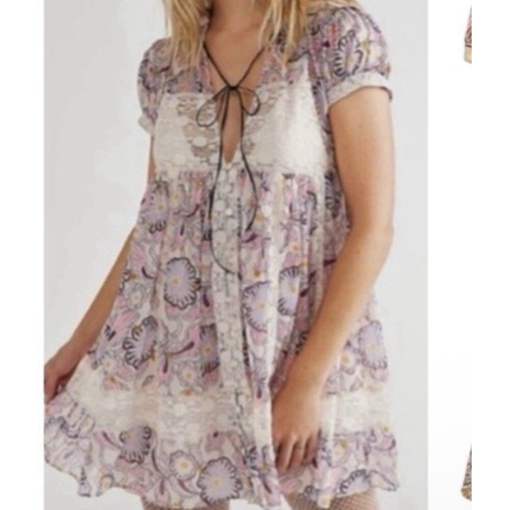 Free People x Anna Sui Anthropologie Baby Doll Floral Lace Mini Dress S Boho